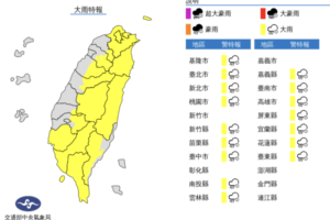 注意！全台16縣市大雨特報　小心雷擊、強陣風